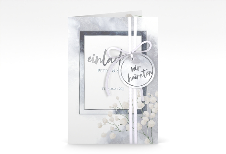 Einladungskarte Hochzeit Winter A6 Klappkarte hoch blau silber mit Schleierkraut