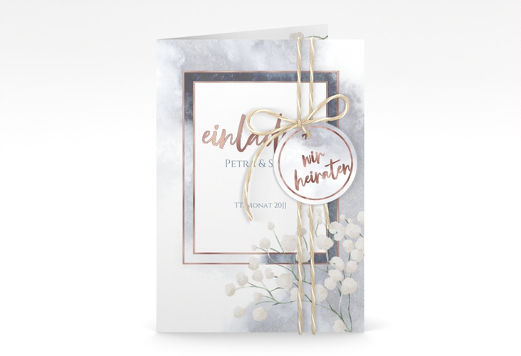 Einladungskarte Hochzeit Winter A6 Klappkarte hoch blau rosegold mit Schleierkraut
