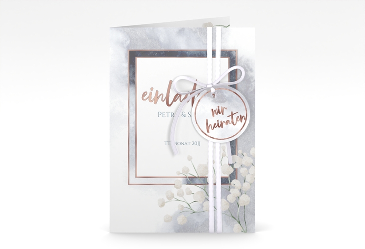 Einladungskarte Hochzeit Winter A6 Klappkarte hoch blau rosegold mit Schleierkraut