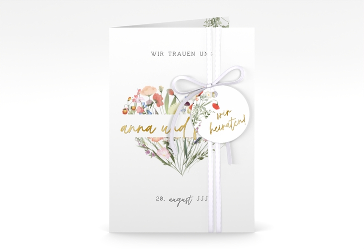 Einladungskarte Hochzeit Wildblumenherz A6 Klappkarte hoch bunt gold