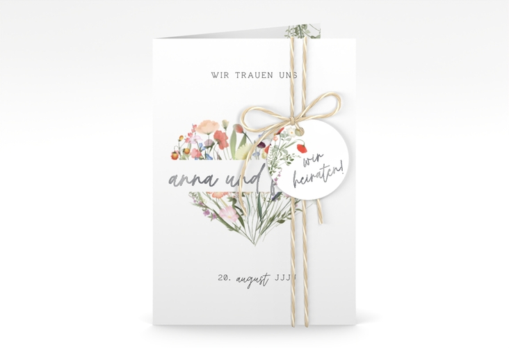 Einladungskarte Hochzeit Wildblumenherz A6 Klappkarte hoch bunt silber