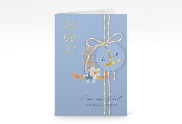 Einladungskarte Hochzeit Anker Floral A6 Klappkarte hoch blau gold