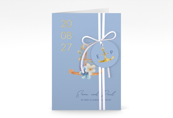 Einladungskarte Hochzeit Anker Floral A6 Klappkarte hoch blau gold