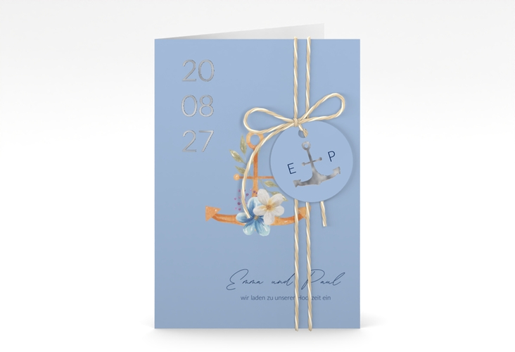 Einladungskarte Hochzeit Anker Floral A6 Klappkarte hoch blau silber