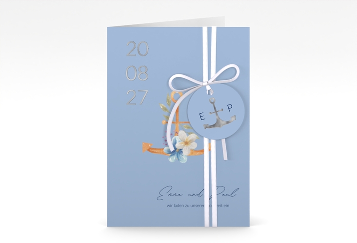 Einladungskarte Hochzeit Anker Floral A6 Klappkarte hoch blau silber