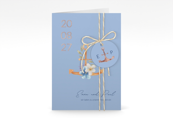 Einladungskarte Hochzeit Anker Floral A6 Klappkarte hoch blau rosegold