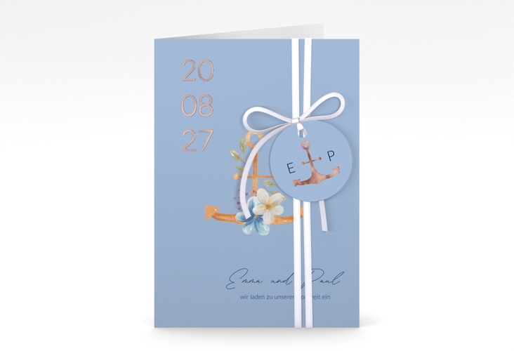 Einladungskarte Hochzeit Anker Floral A6 Klappkarte hoch blau rosegold