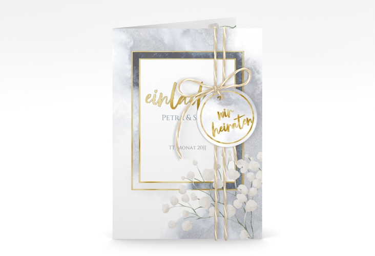 Einladungskarte Hochzeit Winter A6 Klappkarte hoch blau gold mit Schleierkraut