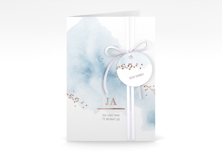 Einladungskarte Hochzeit Pastell A6 Klappkarte hoch blau rosegold