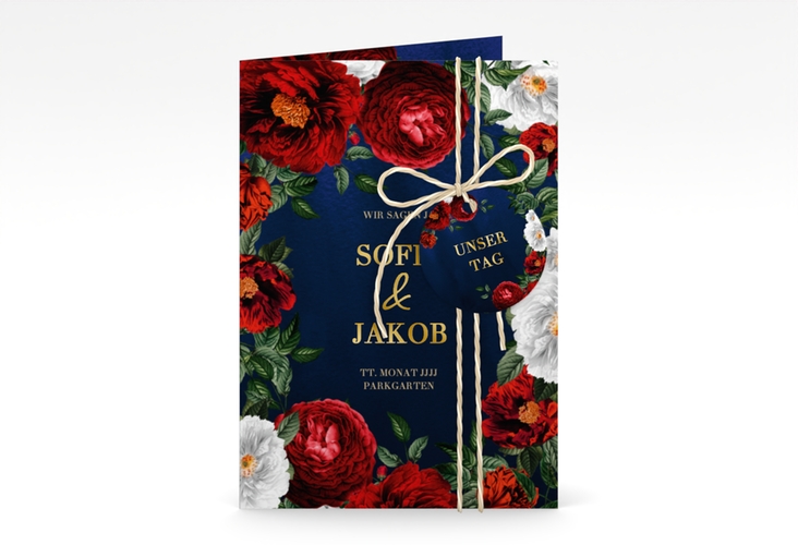 Einladungskarte Hochzeit Florista A6 Klappkarte hoch blau gold