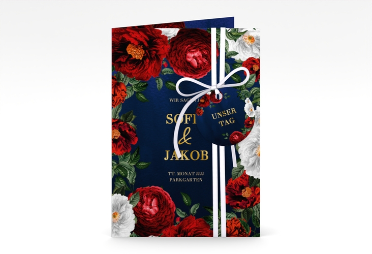 Einladungskarte Hochzeit Florista A6 Klappkarte hoch blau gold