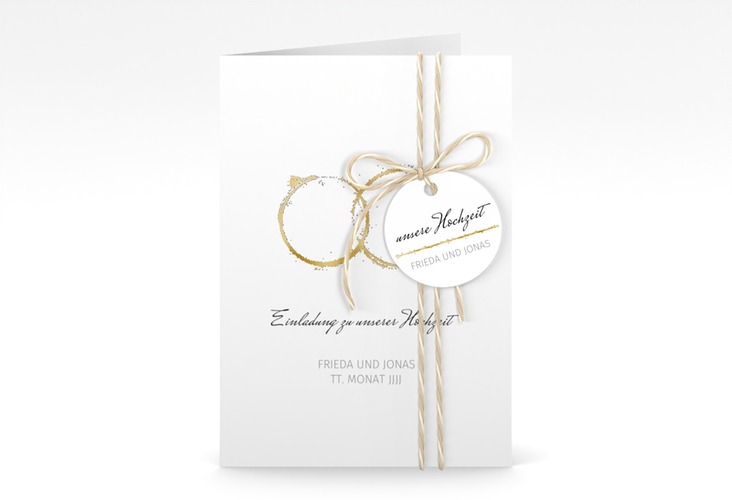 Einladungskarte Hochzeit Trauringe A6 Klappkarte hoch grau gold minimalistisch gestaltet mit zwei Eheringen