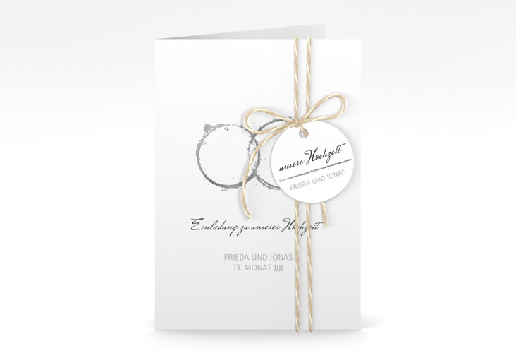 Einladungskarte Hochzeit Trauringe A6 Klappkarte hoch grau silber minimalistisch gestaltet mit zwei Eheringen