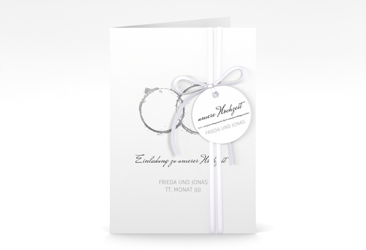 Einladungskarte Hochzeit Trauringe A6 Klappkarte hoch grau silber minimalistisch gestaltet mit zwei Eheringen
