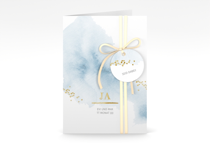 Einladungskarte Hochzeit Pastell A6 Klappkarte hoch blau gold