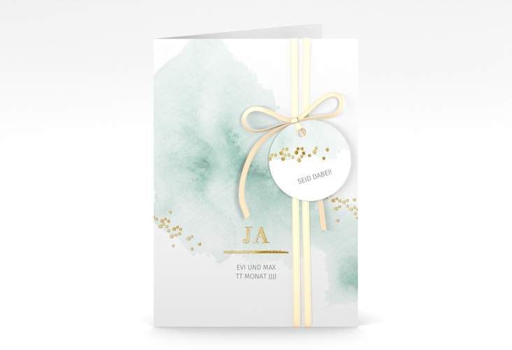 Einladungskarte Hochzeit Pastell A6 Klappkarte hoch mint gold