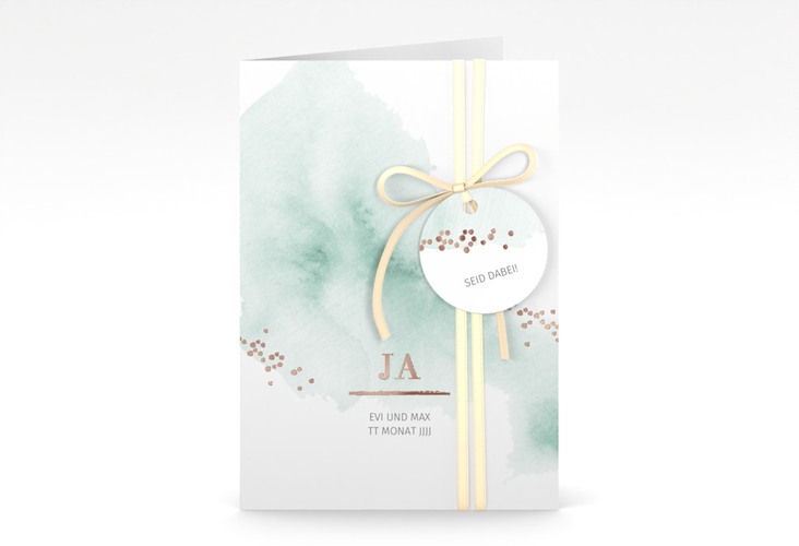 Einladungskarte Hochzeit Pastell A6 Klappkarte hoch mint rosegold