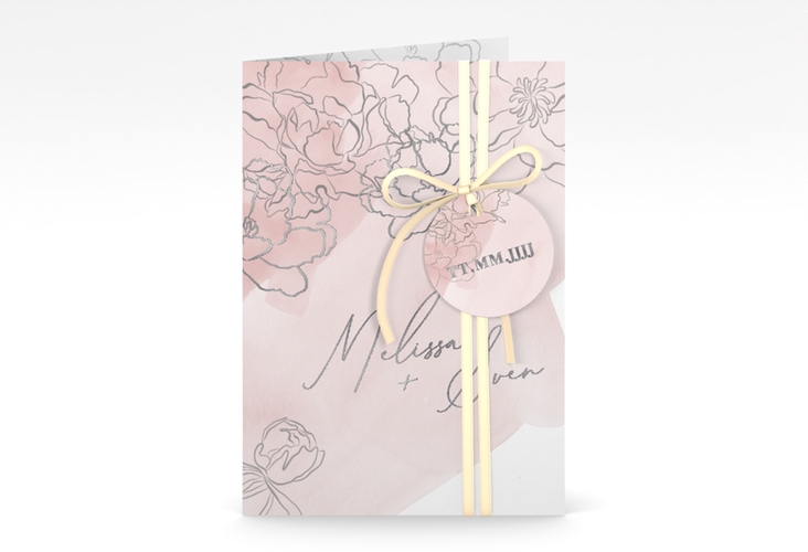 Einladungskarte Hochzeit Pfingstrosen A6 Klappkarte hoch rosa silber