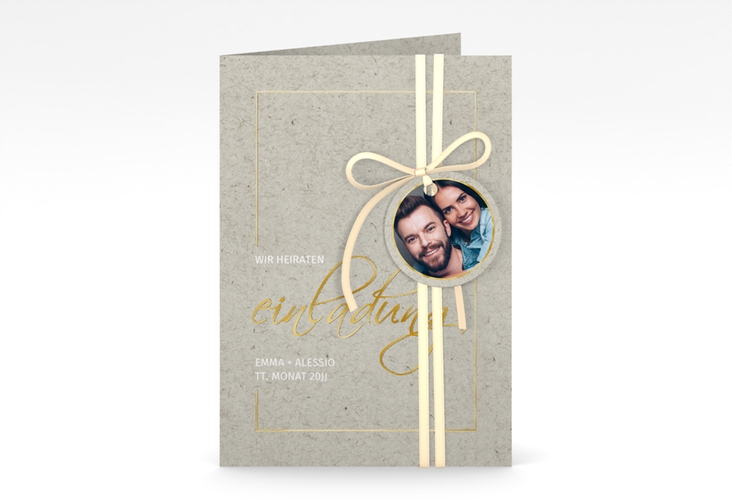 Einladungskarte Hochzeit Simple Line A6 Klappkarte hoch grau gold