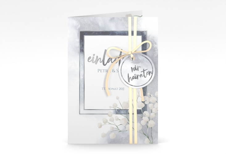 Einladungskarte Hochzeit Winter A6 Klappkarte hoch blau silber mit Schleierkraut