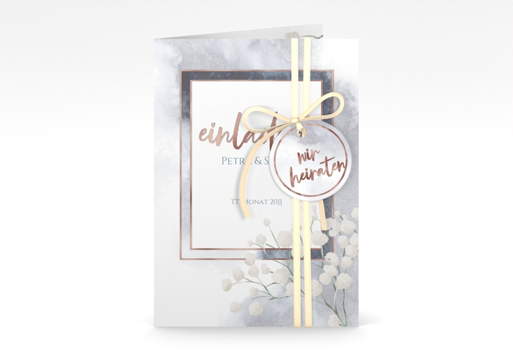 Einladungskarte Hochzeit Winter A6 Klappkarte hoch blau rosegold mit Schleierkraut
