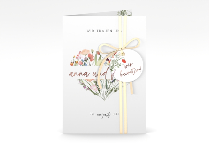 Einladungskarte Hochzeit Wildblumenherz A6 Klappkarte hoch bunt rosegold