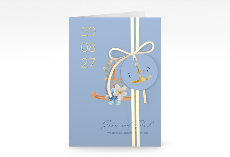 Einladungskarte Hochzeit Anker Floral A6 Klappkarte hoch blau gold