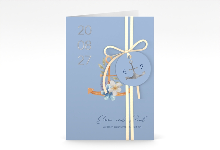 Einladungskarte Hochzeit Anker Floral A6 Klappkarte hoch blau silber