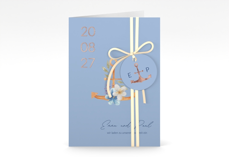 Einladungskarte Hochzeit Anker Floral A6 Klappkarte hoch blau rosegold