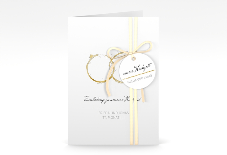 Einladungskarte Hochzeit Trauringe A6 Klappkarte hoch grau gold minimalistisch gestaltet mit zwei Eheringen