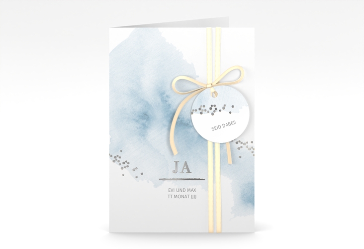 Einladungskarte Hochzeit Pastell A6 Klappkarte hoch blau silber