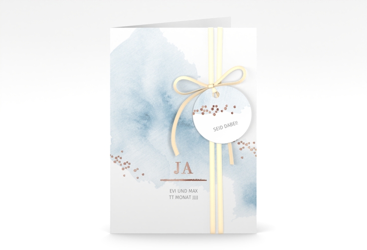 Einladungskarte Hochzeit Pastell A6 Klappkarte hoch blau rosegold