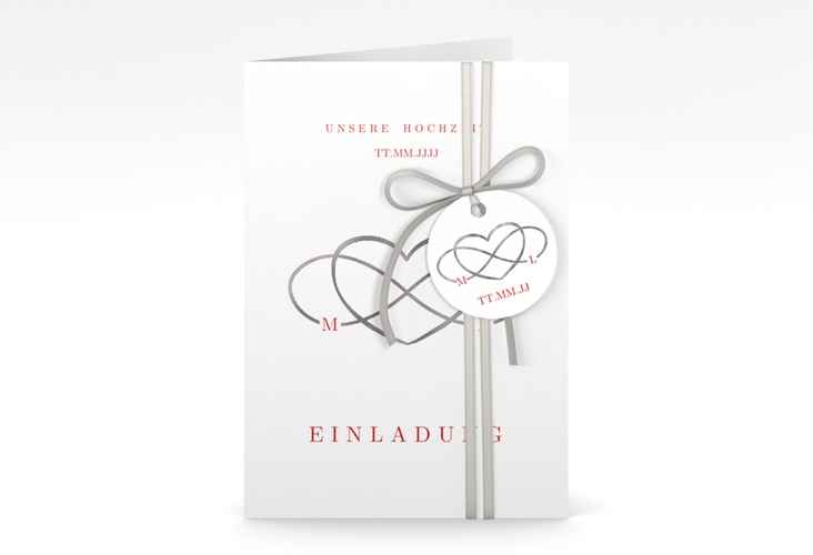 Einladungskarte Hochzeit Infinity A6 Klappkarte hoch rot silber