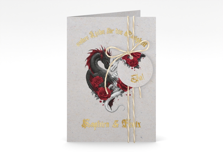 Einladungskarte Hochzeit Drachenliebe A6 Klappkarte hoch grau gold mit schwarzem und weißem Drachen zu einem Herz verschlungen