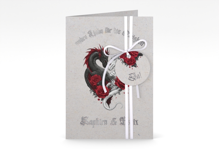 Einladungskarte Hochzeit Drachenliebe A6 Klappkarte hoch grau silber mit schwarzem und weißem Drachen zu einem Herz verschlungen