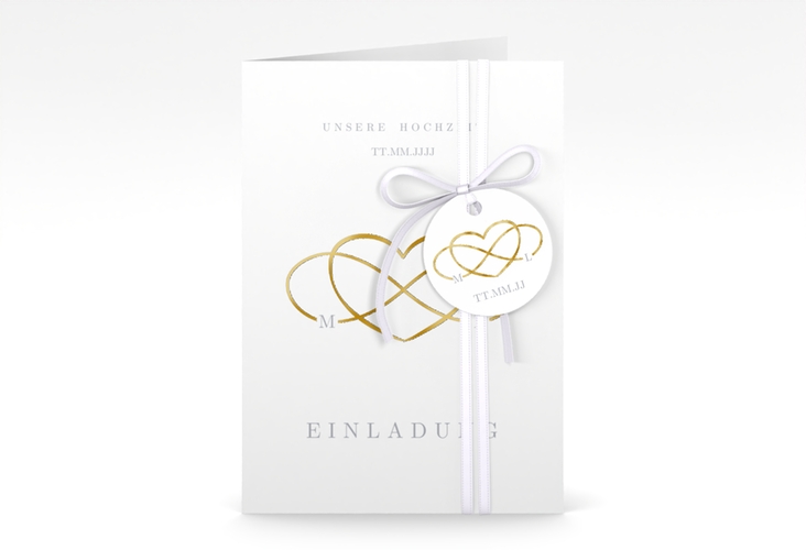 Einladungskarte Hochzeit Infinity A6 Klappkarte hoch grau gold