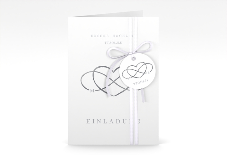 Einladungskarte Hochzeit Infinity A6 Klappkarte hoch grau silber