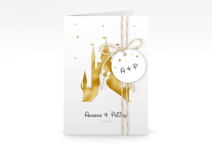 Einladungskarte Hochzeit Castle A6 Klappkarte hoch grau gold