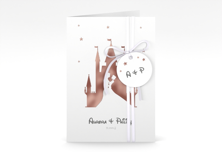 Einladungskarte Hochzeit Castle A6 Klappkarte hoch grau rosegold