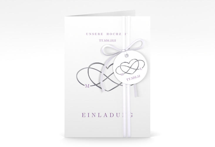 Einladungskarte Hochzeit Infinity A6 Klappkarte hoch lila silber