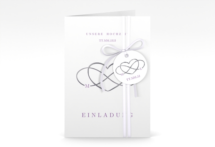 Einladungskarte Hochzeit Infinity A6 Klappkarte hoch lila silber