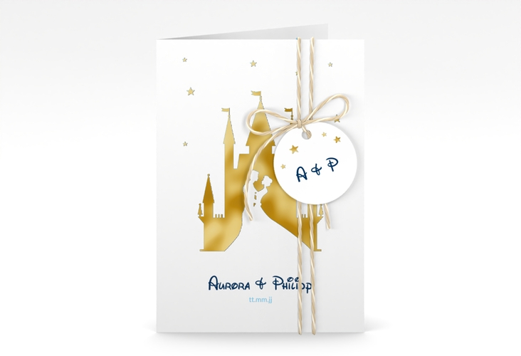 Einladungskarte Hochzeit Castle A6 Klappkarte hoch blau gold
