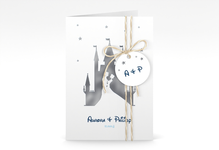 Einladungskarte Hochzeit Castle A6 Klappkarte hoch blau silber