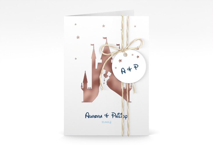 Einladungskarte Hochzeit Castle A6 Klappkarte hoch blau rosegold