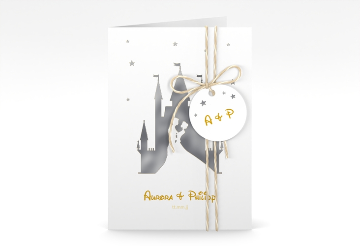 Einladungskarte Hochzeit Castle A6 Klappkarte hoch gold silber