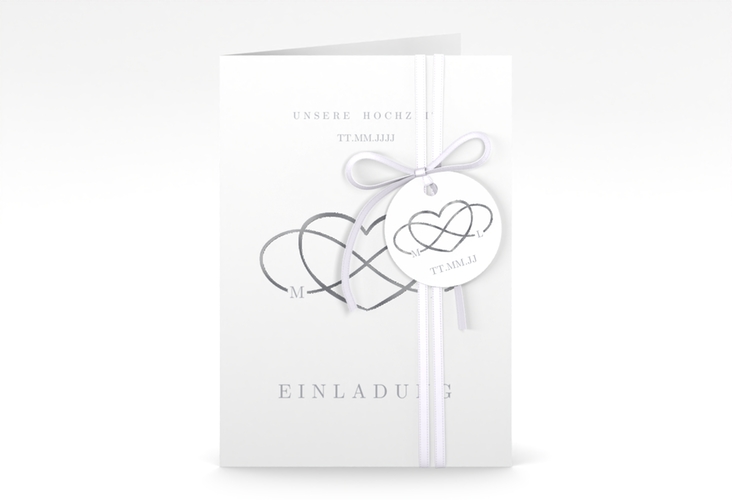 Einladungskarte Hochzeit Infinity A6 Klappkarte hoch grau silber