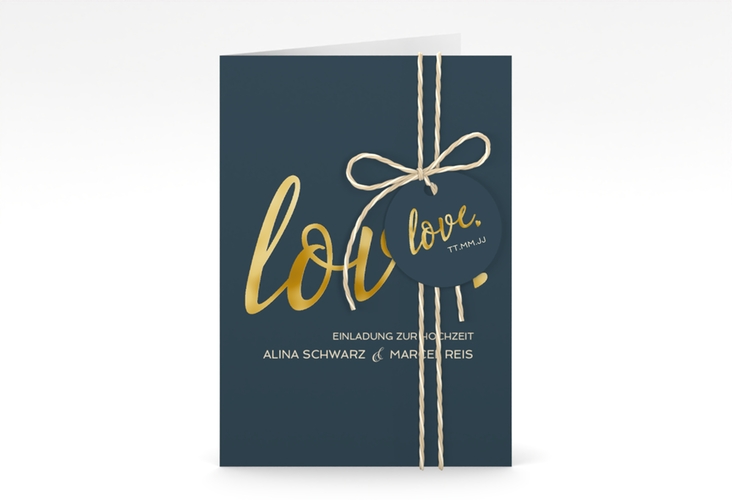 Einladungskarte Hochzeit Glam A6 Klappkarte hoch blau gold