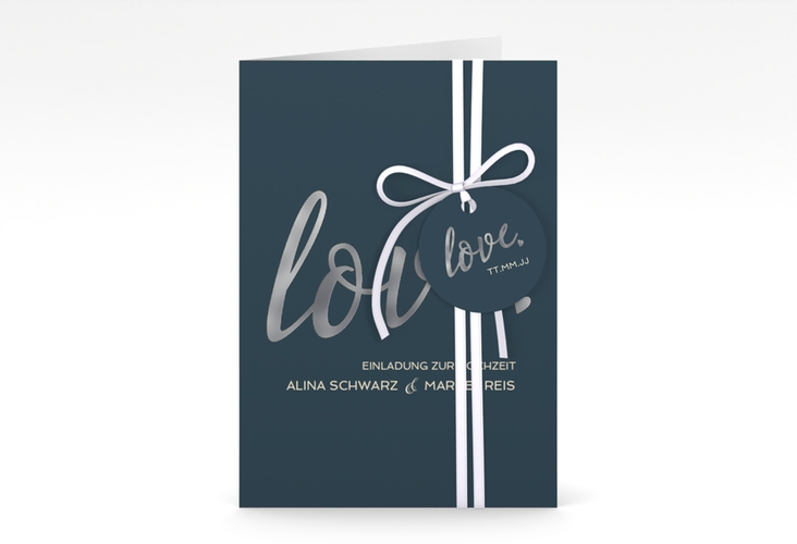 Einladungskarte Hochzeit Glam A6 Klappkarte hoch blau silber