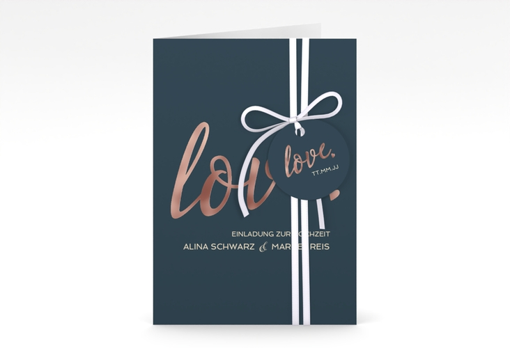 Einladungskarte Hochzeit Glam A6 Klappkarte hoch blau rosegold