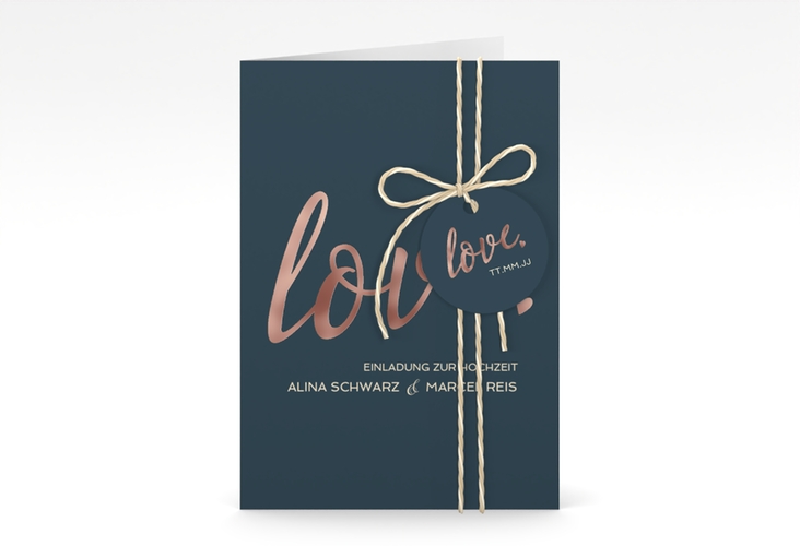 Einladungskarte Hochzeit Glam A6 Klappkarte hoch blau rosegold
